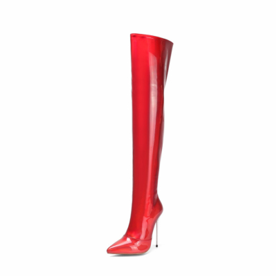 Rote, holografische, oberschenkelhohe Stiefel mit Absatz, breite Wadenreißverschluss-Stiletto-Stiefel