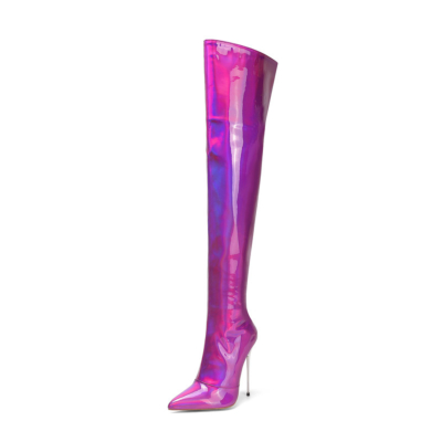 Lila holografische Overknee-Stiefel mit Absatz Breite Wadenreißverschluss-Stiletto-Stiefel