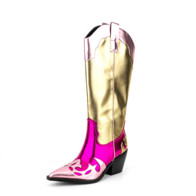 Mode-Cowboy-Stiefel in Hot Pink und Gold mit Blockabsatz und breiter Wade