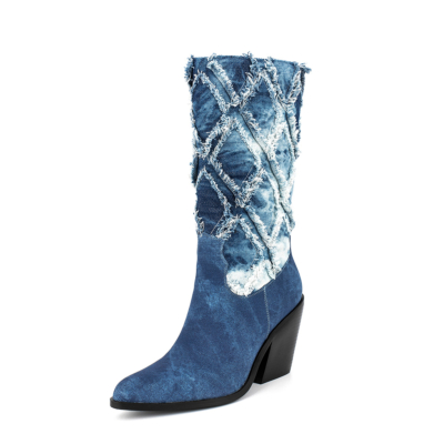 Blaue Denim-Mandelzehen-Blockabsatz-mittlere Wadenstiefel für Damen Cowboystiefeletten