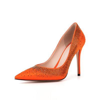 Damen Pumps aus orangefarbenem Satin mit spitzen Zehen und Stiletto-Absatz