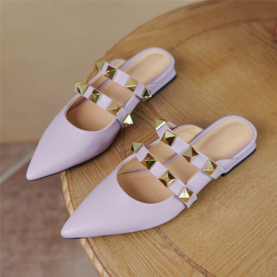 Fliederfarbene flache Schuhe aus Leder mit spitzen Zehen Mary Jane flache Schuhe Pantoletten