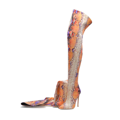 Orange Fashion Snake geprägte Overknee-Stiefel mit spitzer Zehenpartie und Stilettos
