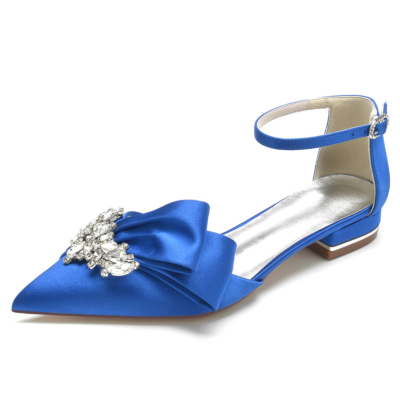 Königsblaue, mit Juwelen besetzte Ballerinas mit Knöchelriemen und Braut-D'orsay-Strasssteinen aus Satin