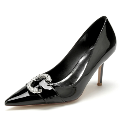 Schwarze, mit Juwelen besetzte Stiletto-Absätze, spitze Zehen-Pumps, Schuhe für die Arbeit