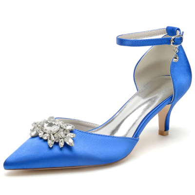 Königsblaue, juwelenbesetzte D'Orsay-Pumps aus Satin für Hochzeiten mit Knöchelriemen
