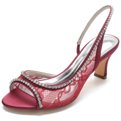 Burgundy Jeweled Lace Slingback Heels aushöhlen Peep Toe Sandaletten mit Blockabsatz