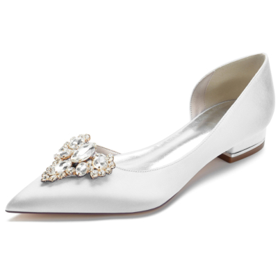 Juwelenbesetzte Satin-Brautschuhe für Hochzeiten, Slip-on-Kleider, flache D'orsay-Schuhe