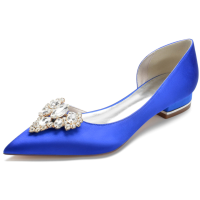 Königsblaue, juwelenbesetzte Satin-Braut-Flats, Hochzeits-Slip-on-Kleider, flache D'orsay-Schuhe