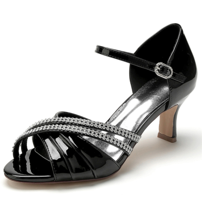 Schwarze, juwelenbesetzte D'orsay-Sandalen mit Knöchelriemen und niedrigem Blockabsatz für ein Kleid