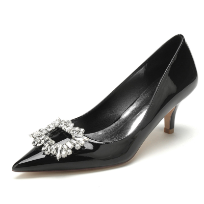 Schwarze, mit Juwelen besetzte Kitten-Heels-Pumps, bequeme Schuhe für Arbeitskleider