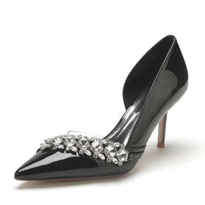 Schwarze, mit Juwelen besetzte D'orsay-Schuhe mit spitzer Zehenpartie für den Tanz