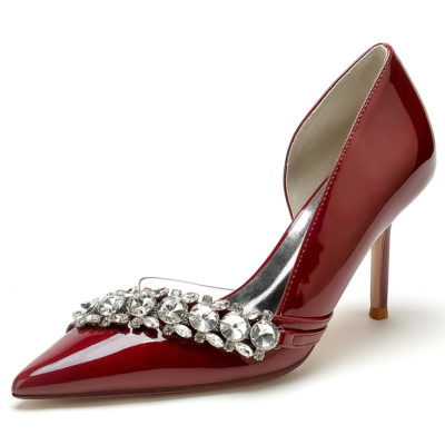 Burgunderrote, mit Juwelen besetzte D'orsay-Schuhe mit spitzer Zehenpartie für den Tanz