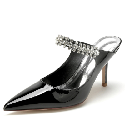 Schwarze, juwelenbesetzte Braut-Slingback-Schuhe mit spitzer Zehenpartie und Stiletto-Absatz