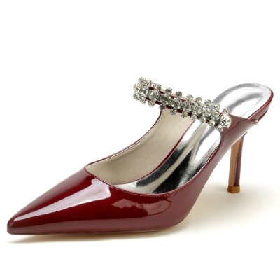 Burgunderfarbene, juwelenbesetzte Braut-Slingback-Schuhe mit spitzer Zehenpartie und Stiletto-Absatz
