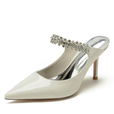 Beigefarbene, juwelenbesetzte Braut-Slingback-Schuhe mit spitzer Zehenpartie und Stiletto-Absatz