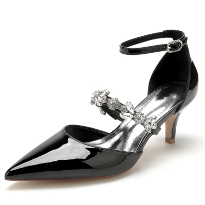 Schwarze, juwelenbesetzte Riemchen-Knöchelriemen-D'orsay-Schuhe mit Kitten-Heels und geschlossener Zehenpartie