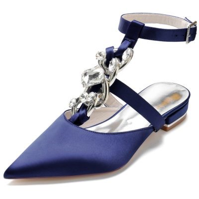 Marineblaue juwelenbesetzte T-Riemen-Satin-Flachschuhe mit spitzen Zehen und Strassverzierungen rückenfreie Schuhe