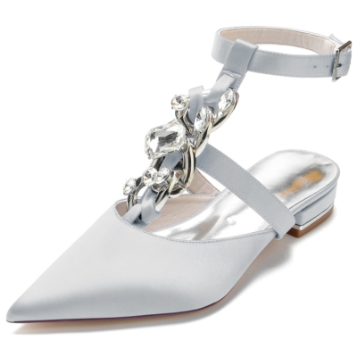 Graue, juwelenbesetzte T-Strap-Spitzzehen-Satin-Flache Schuhe mit Strassverzierungen und rückenfreien Schuhen