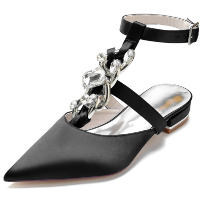 Schwarze, juwelenbesetzte T-Strap-Spitzzehen-Satin-Flache Schuhe mit Strassverzierungen und rückenfreien Schuhen