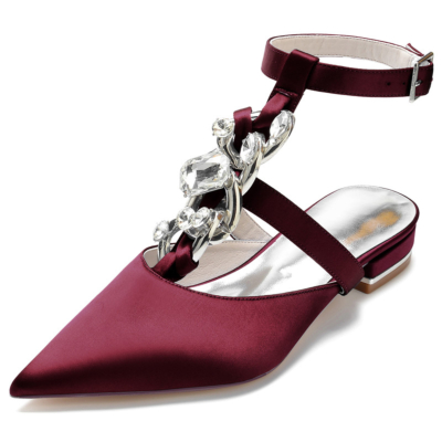 Burgunderfarbene juwelenbesetzte T-Riemen-Satin-Flachschuhe mit spitzen Zehen und Strassverzierungen rückenfreie Schuhe