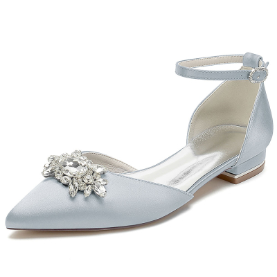 Silver Satin Pointed Toe Rhinestone Ankle Strap Flat Wedding Shoes