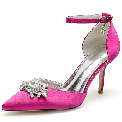 Magenta Satin Pointed Toe Stiletto Heel Rhinestone Details Ankle Strap Wedding Shoes