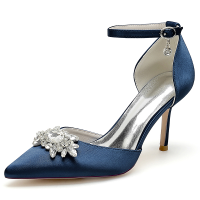 Navy Satin Pointed Toe Stiletto Heel Rhinestone Details Ankle Strap Wedding Shoes