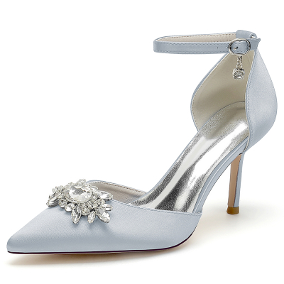 Silver Satin Pointed Toe Stiletto Heel Rhinestone Details Ankle Strap Wedding Shoes