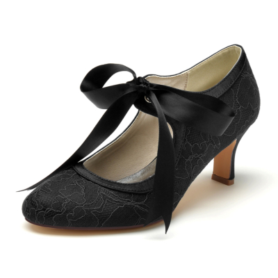 Schwarze Retro-Spitzen-Spool-Heels für Damen mit Alomond-Toe-Pumps zum Schnüren