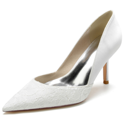 Weiße Lace&Satin Side V Vamp Pumps Stiletto Heels Schuhe für die Hochzeit