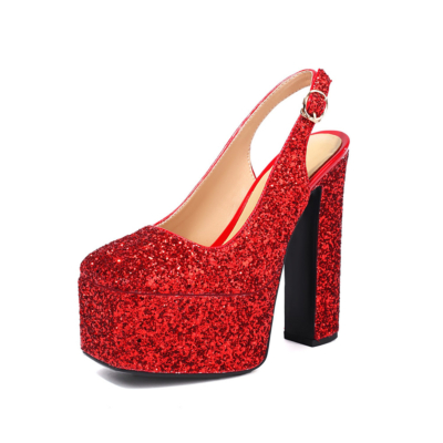 Rote Schnür-Glitzer-Plateau-Slingback-Schuhe mit klobigen Absätzen und Pailletten-Kleiderschuhen