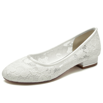 Elfenbein-weiße Spitze-Hochzeits-flache runde Zehe-Braut-Schuhe