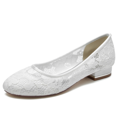 Weiße Spitze-Hochzeits-flache runde Zehe-Braut-Schuhe
