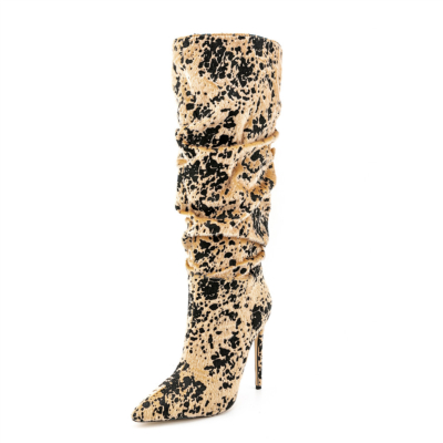 Stiefel aus Kunstfell mit Leopardenmuster, glitzernde, kniehohe Stiefel mit hohen Absätzen