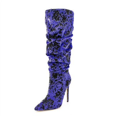 Blaue, mit Leopardenmuster bedruckte Kunstpelzstiefel, glitzernde, kniehohe Stiefel mit hohen Absätzen
