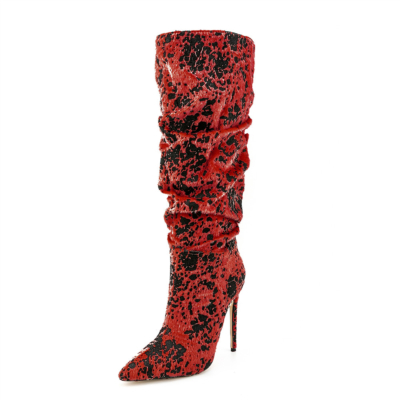 Rote, mit Leopardenmuster bedruckte Kunstpelzstiefel, glitzernde, kniehohe Stiefel mit hohen Absätzen