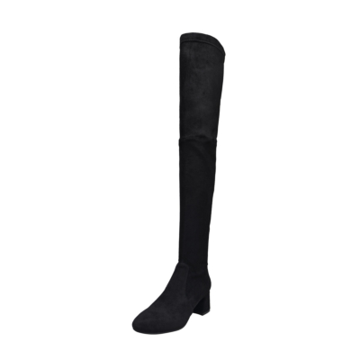 Overknee-Stiefel aus schwarzem Wildleder mit niedrigem Absatz