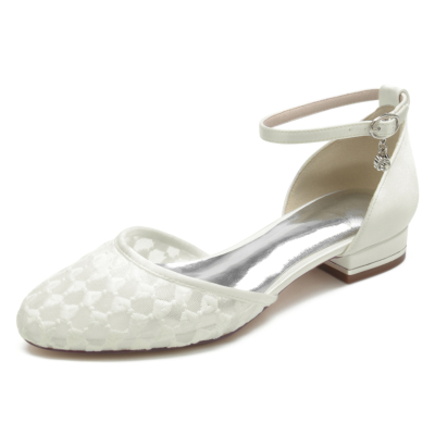 Weiße D'orsay-Flats aus Mesh mit runder Zehenpartie, bequeme, flache Schuhe mit Knöchelriemen