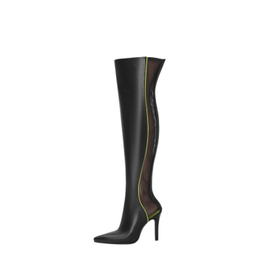 Schwarze Overknee-Stiefel aus Mesh-PU mit spitzem Zehenbereich und Stiletto-Absatz