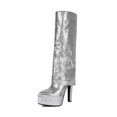 Silberne Metallic-Glitzer-Stiefel mit spitzer Zehenpartie und umklappbarem Knie