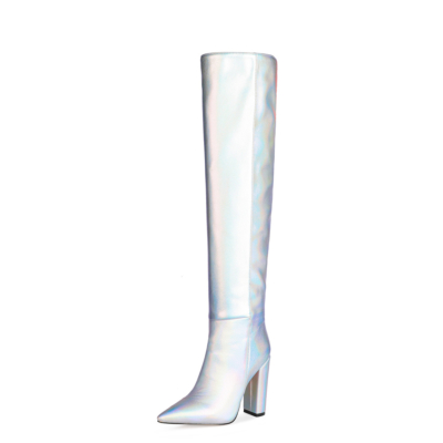 Silber  Metallic Slouch Boots Block High Heels Overknee-Stiefel