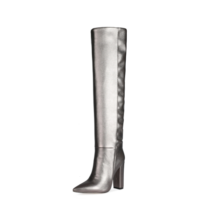 Graue Metallic-Slouch-Stiefel Elastische Overknee-Stiefel mit Blockabsatz