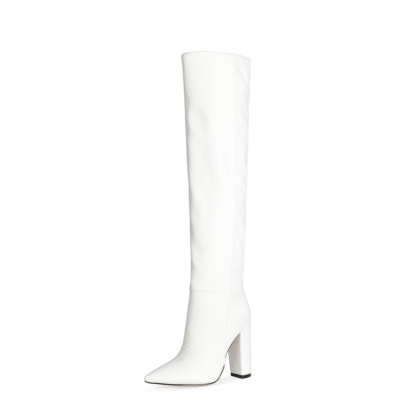 Weiße  Metallic-Stretch-Stiefel Block High Heels Overknee-Stiefel