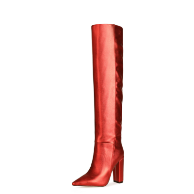 Red Metallic Slouch Boots 2022 Overknee-Stretchstiefel mit Blockabsatz