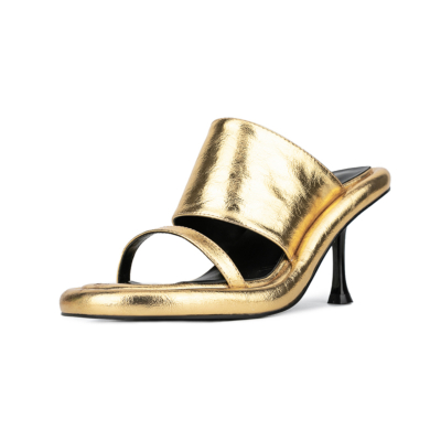 Goldene metallische Mules-Sandalen mit Absätzen, Spool-Heels, Slide-Sandalen für Party