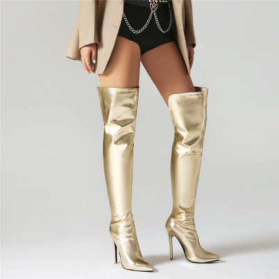 Goldene metallische Overknee-Stiefel, Stiletto-Stiefel mit hohem Absatz und Reißverschluss hinten