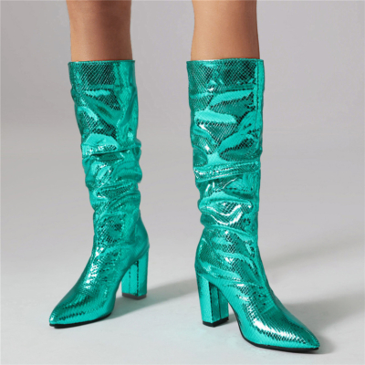 Cyangrüne Metallic-Slouchy-Stiefel mit klobigen Absätzen, kniehohe Stiefel mit Schlangenmuster