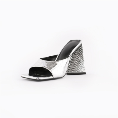 Metallische Sandalen mit Schlangenprägung Chunky Heels Slide Schuhe Square Toe