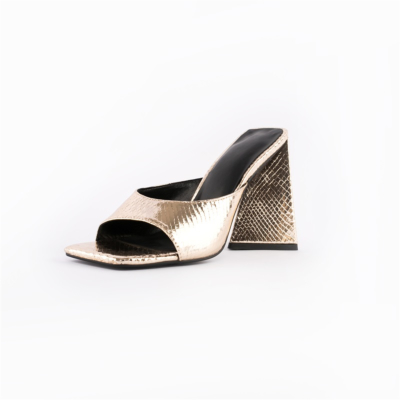 Metallic Gold Snake geprägte Sandalen Chunky Heels Slide Schuhe Square Toe